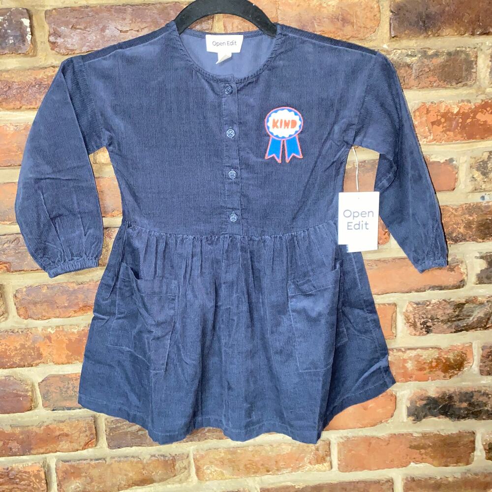 NWT Open Edit Girls Navy Charcoal Corduroy Kind Patch Dress Youth Size 3